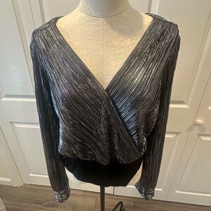 BCBGMAXAZRIA Silver Metallic Wrap Bodysuit